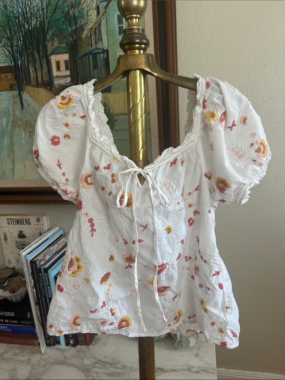 Sezane White Embroidered Puff-Sleeve Tie-Neck Blouse